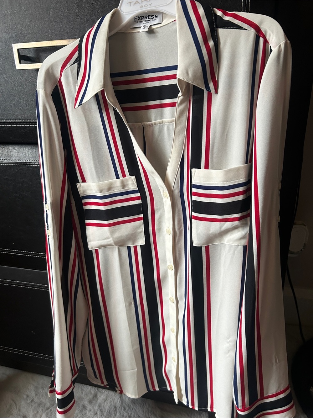 Express Striped Cream Button-Down Shirt with Navy and Red Accents